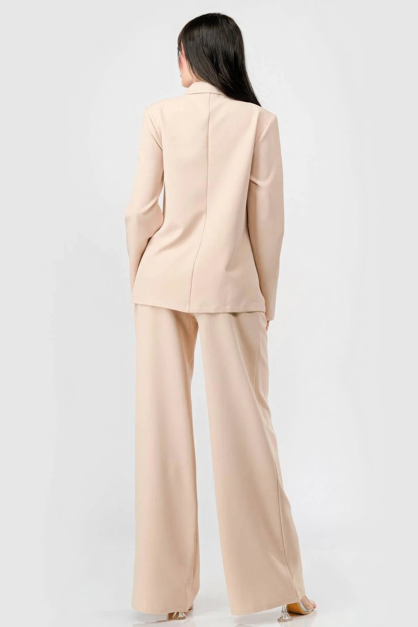 Luxe Stretch Woven Loose Fit Blazer And Wide Legs Pants Semi Formal Set - Beige