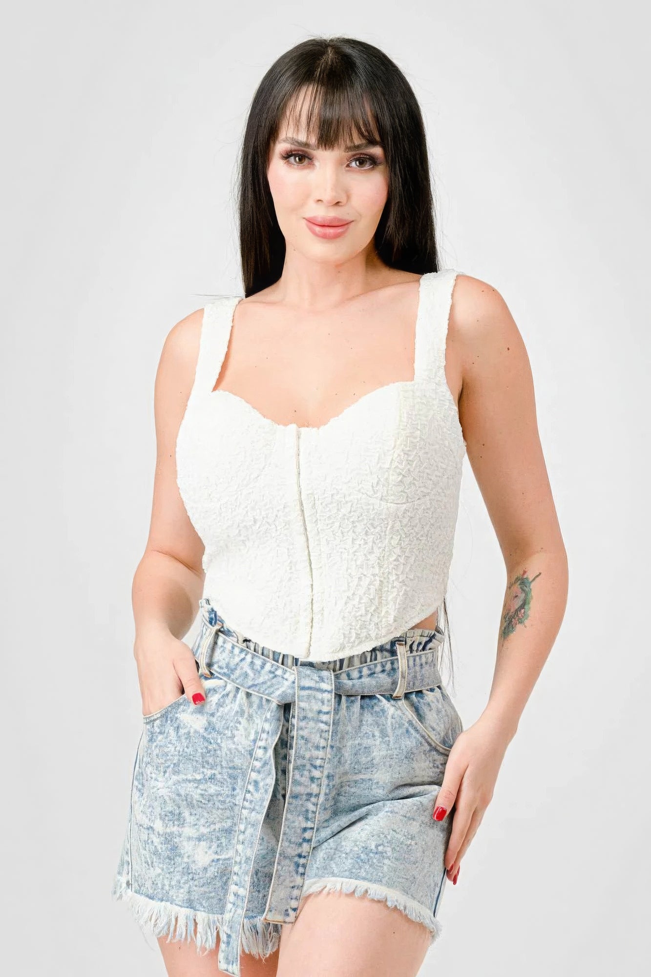 Crinkle Stretch Knit Sweetheart Hooked Bustier Cropped Top - Off White