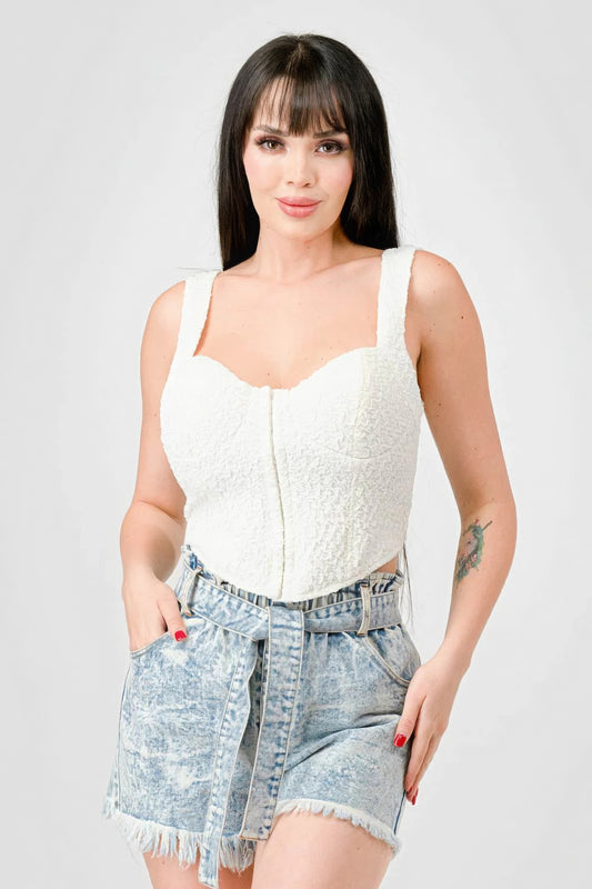 Crinkle Stretch Knit Sweetheart Hooked Bustier Cropped Top - Off White