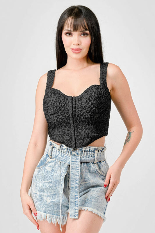 Crinkle Stretch Knit Sweetheart Hooked Bustier Cropped Top - Black