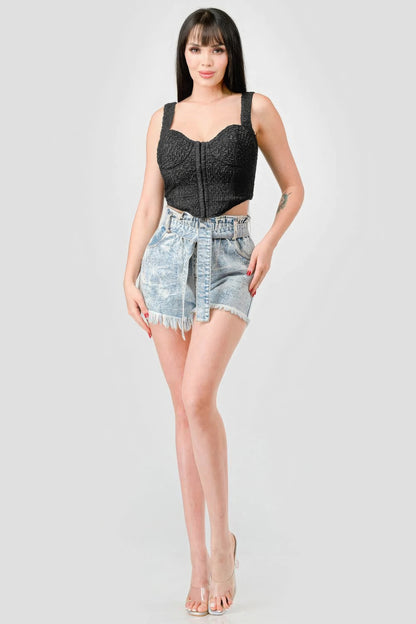 Crinkle Stretch Knit Sweetheart Hooked Bustier Cropped Top - Black