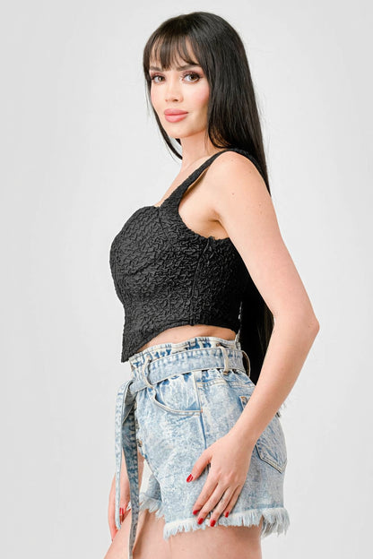 Crinkle Stretch Knit Sweetheart Hooked Bustier Cropped Top - Black