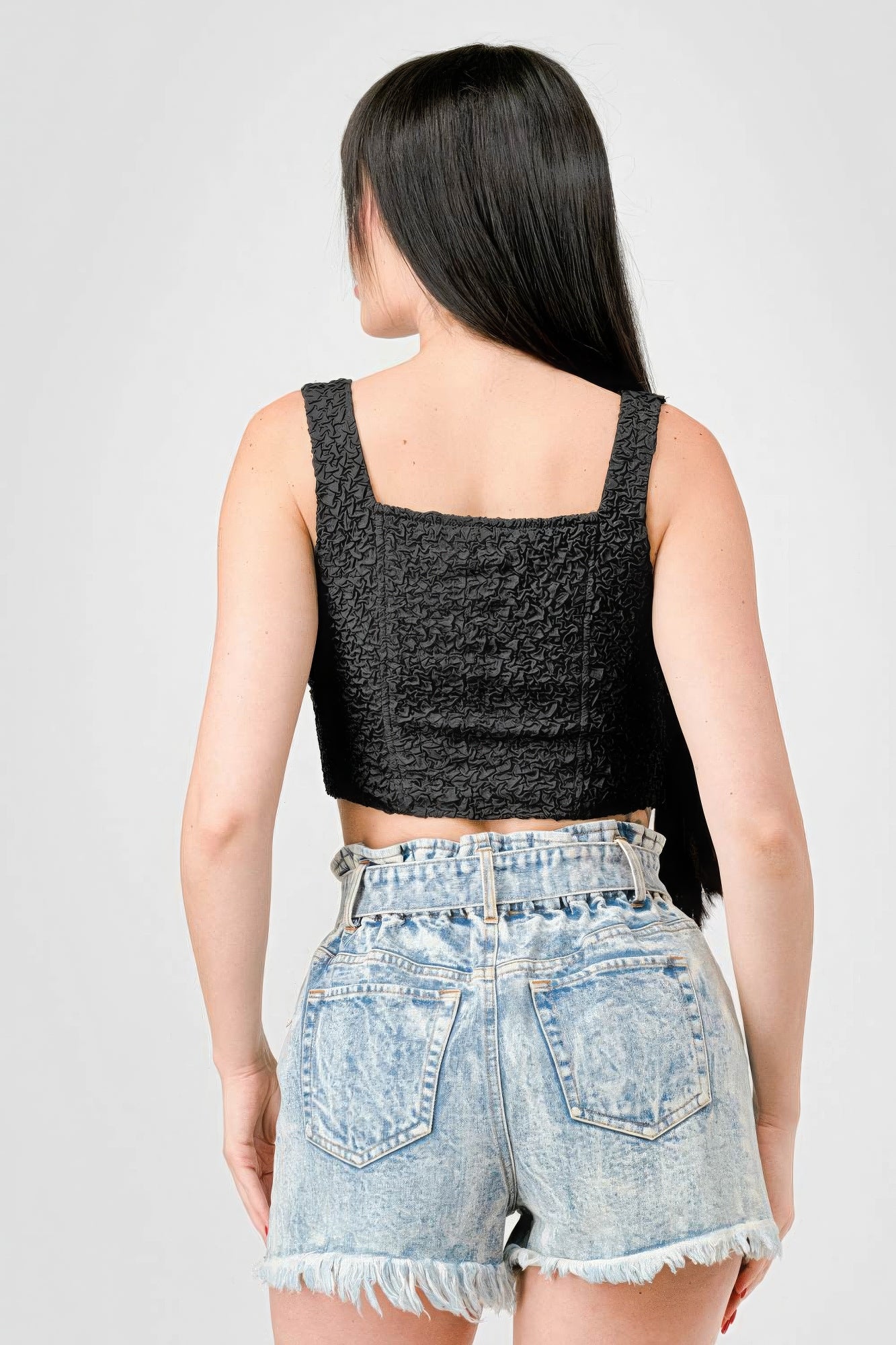 Crinkle Stretch Knit Sweetheart Hooked Bustier Cropped Top - Black