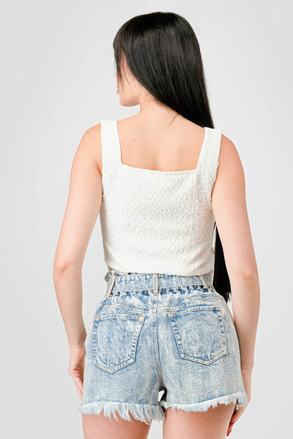 Crinkle Stretch Knit Sweetheart Hooked Bustier Cropped Top - Off White