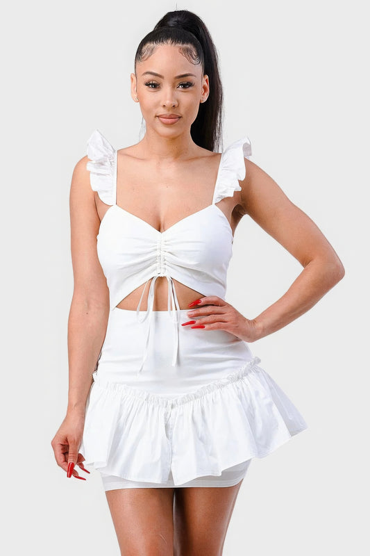 Sweetheart With Drawstring Bow Cutout Ruffled Flutter Sleeves Mini Dress - White