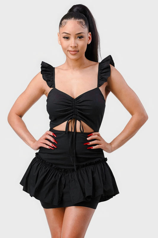 Sweetheart With Drawstring Bow Cutout Ruffled Flutter Sleeves Mini Dress - Black