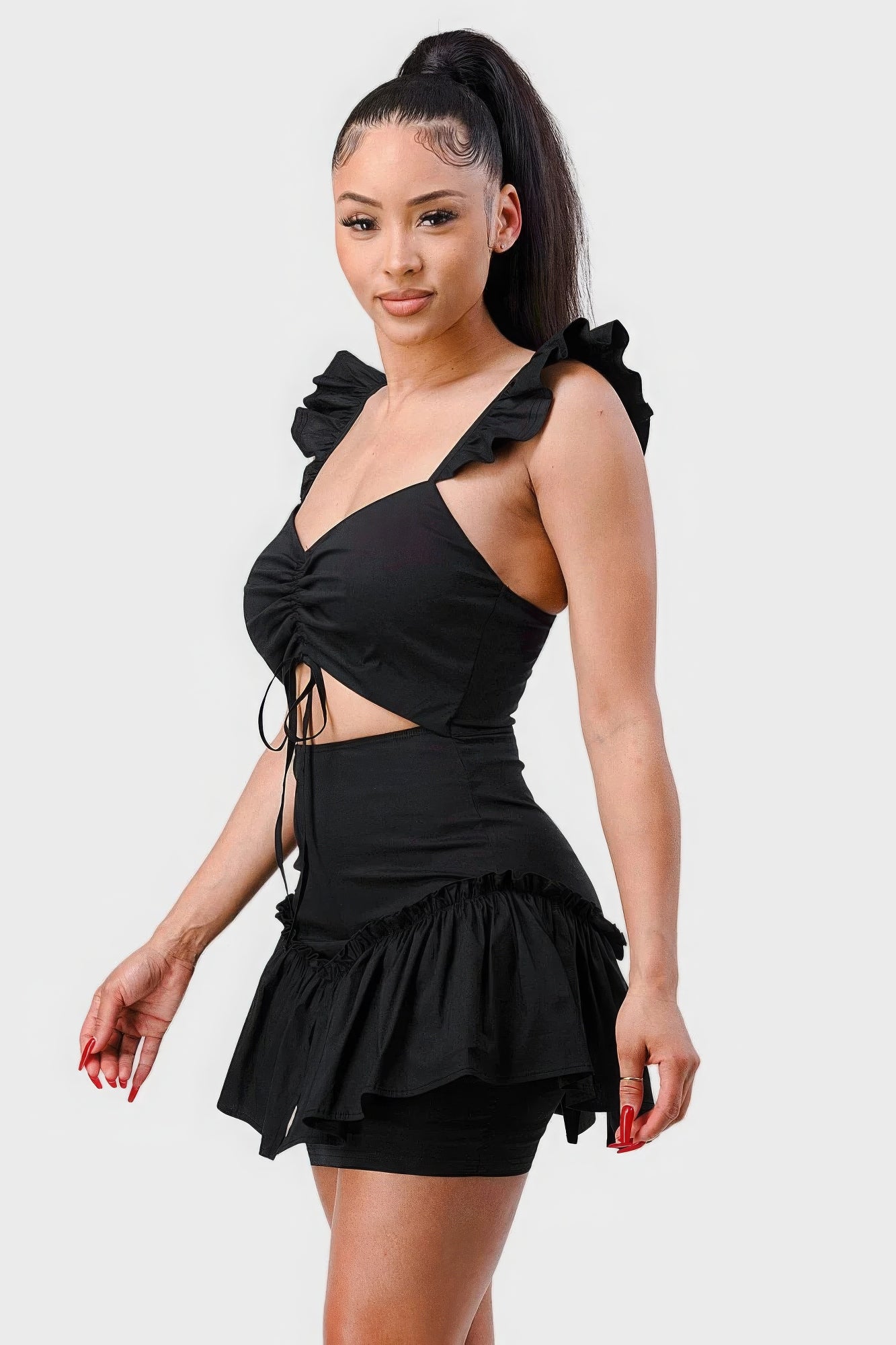 Sweetheart With Drawstring Bow Cutout Ruffled Flutter Sleeves Mini Dress - Black