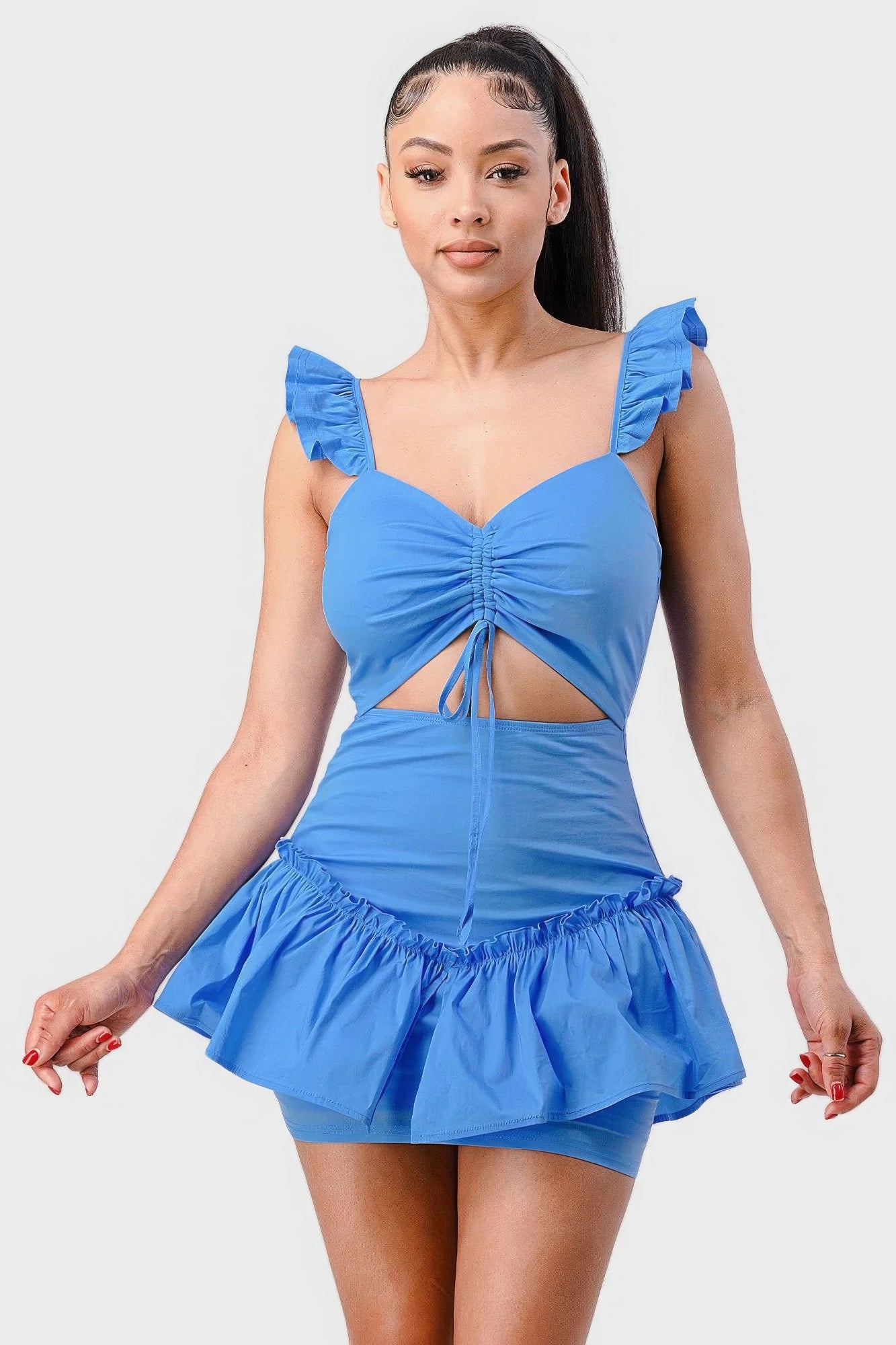 Sweetheart With Drawstring Bow Cutout Ruffled Flutter Sleeves Mini Dress - Blue