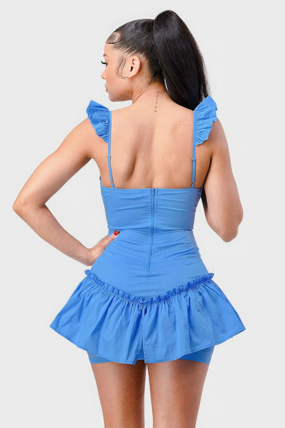Sweetheart With Drawstring Bow Cutout Ruffled Flutter Sleeves Mini Dress - Blue