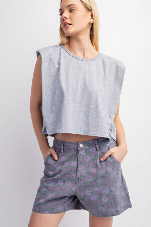 Sleeveless Crop Top With Shoulder Pads - Light Grey
