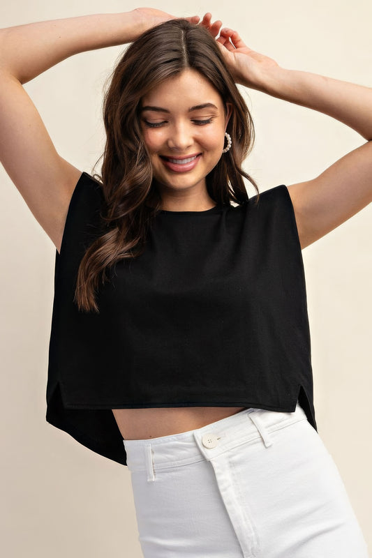 Sleeveless Crop Top With Shoulder Pads - Black