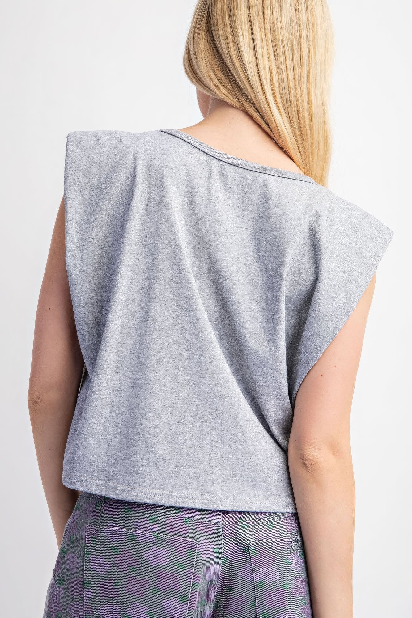 Sleeveless Crop Top With Shoulder Pads - Light Grey