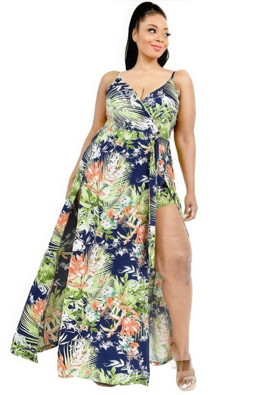 Plus Tropical Leaf Print Maxi Dress