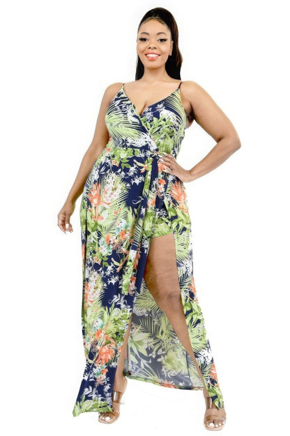 Plus Tropical Leaf Print Maxi Dress