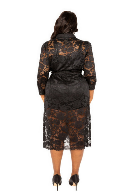 Belted Lace Shirt Dress - Black