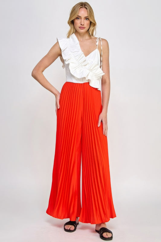 Camila Asymmetrical Ruffle Detail Pleated Bottom Jumpsuit - Tomato Red / Off White