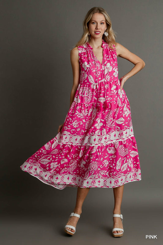 Two Tone Floral Paisley Sleeveless Midi Dress - Pink