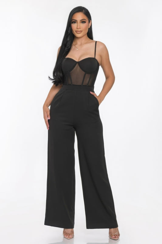 Mesh Insert Cup Wide Leg Jumpsuit - Black