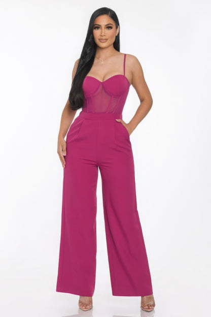 Mesh Insert Cup Wide Leg Jumpsuit - Pink