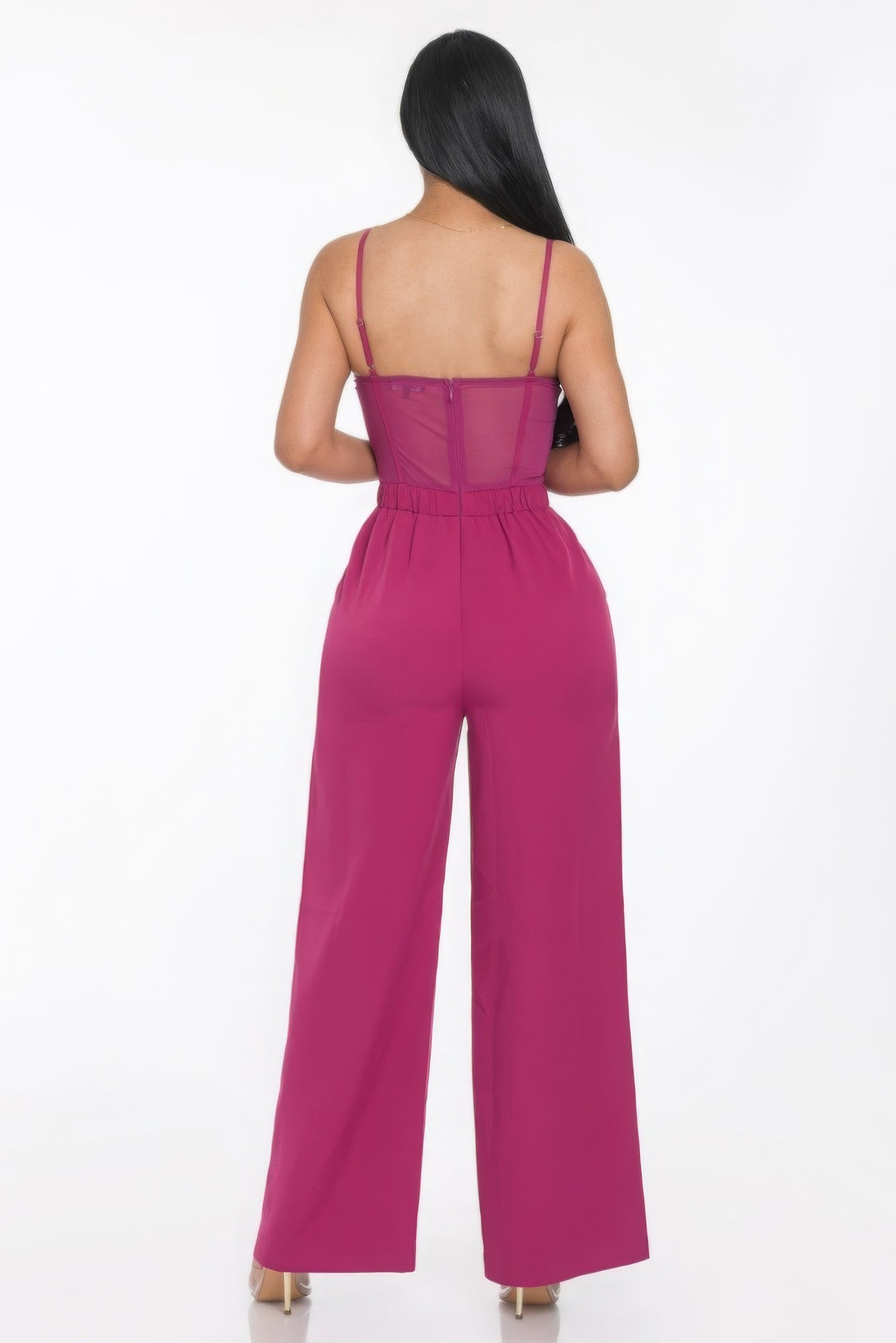 Mesh Insert Cup Wide Leg Jumpsuit - Pink