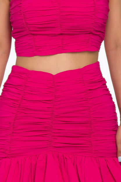 Ruffle Ruched Mini Skirt Set - Fuscia