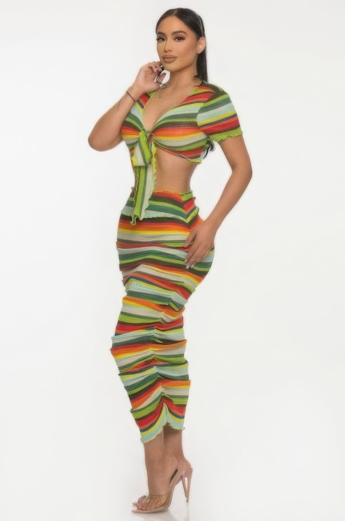 Colorful Stripes Beach Sarong Skirt Set - Green Multi