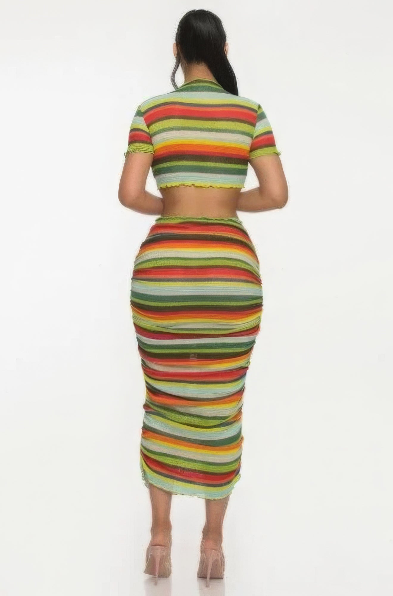 Colorful Stripes Beach Sarong Skirt Set - Green Multi