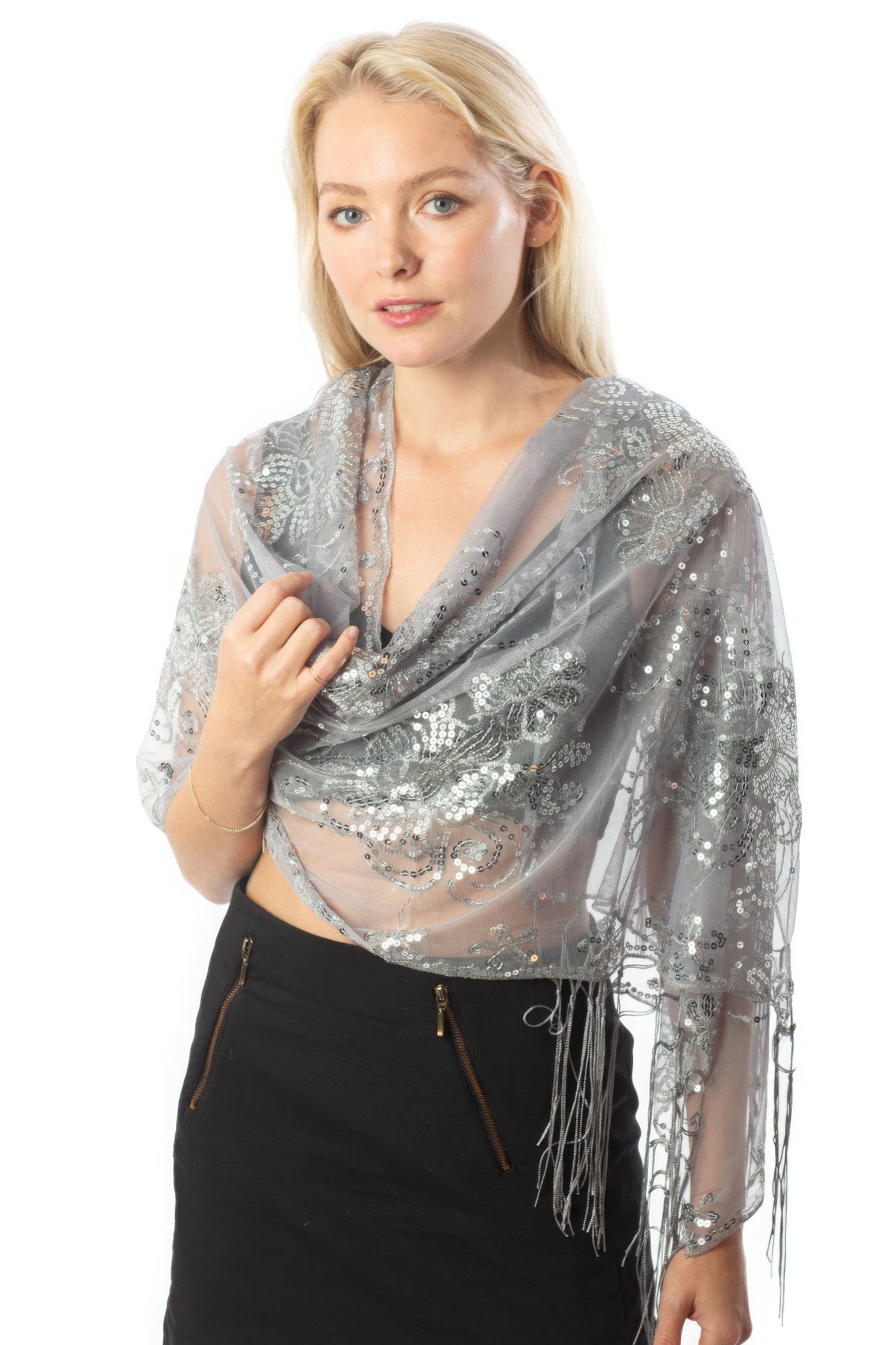 Sequined Flower Shawl with Fringe