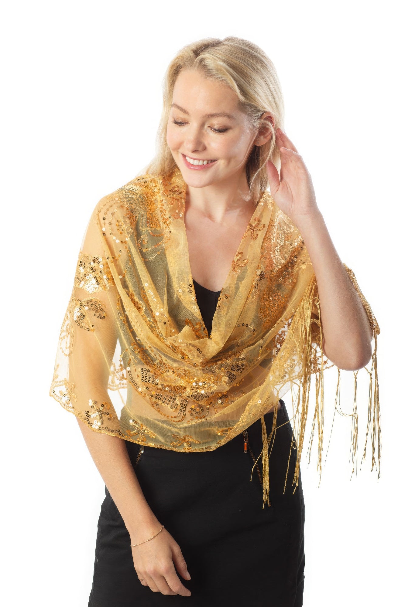 Sequined Flower Shawl with Fringe