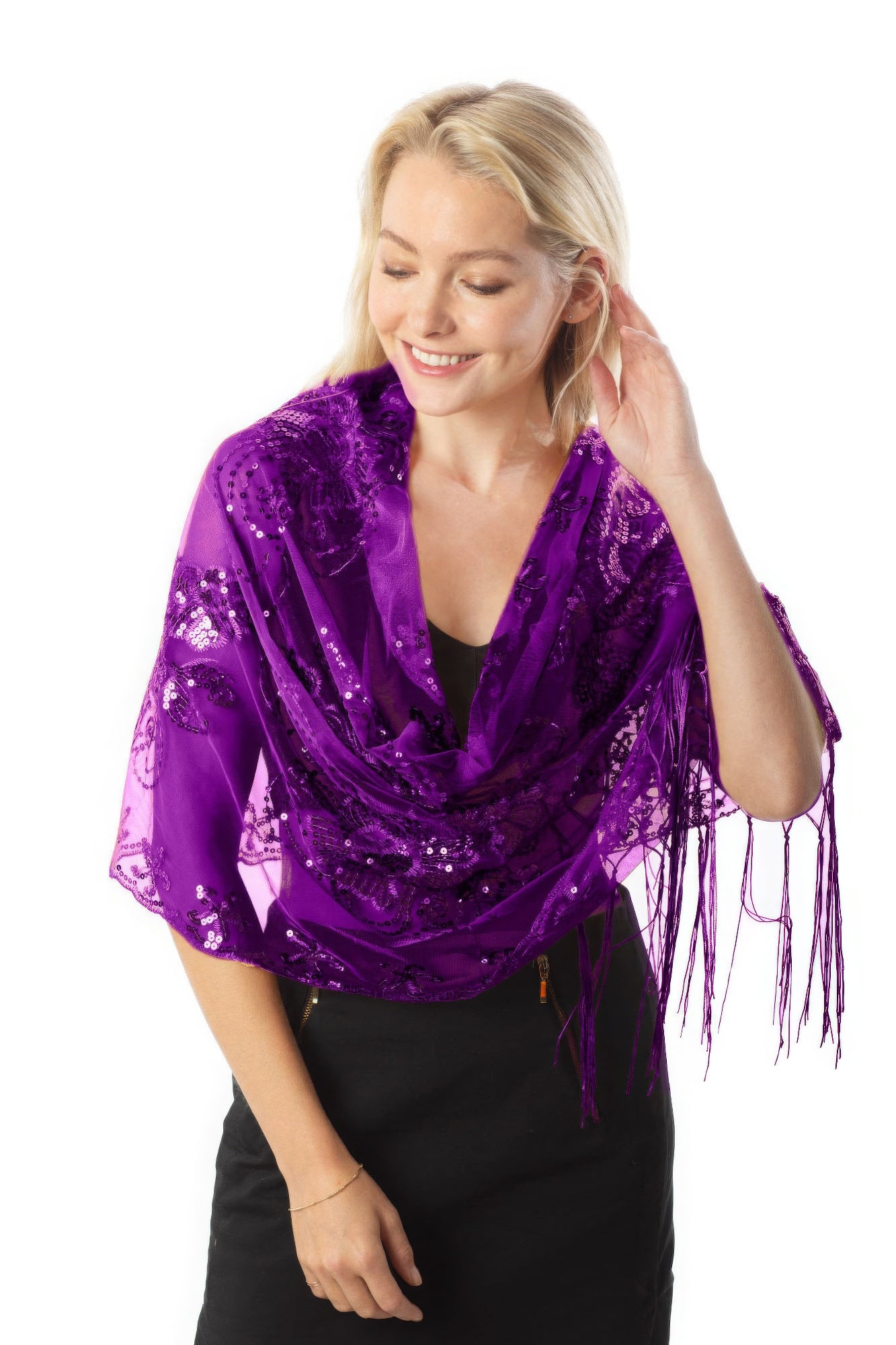 Sequined Flower Shawl with Fringe