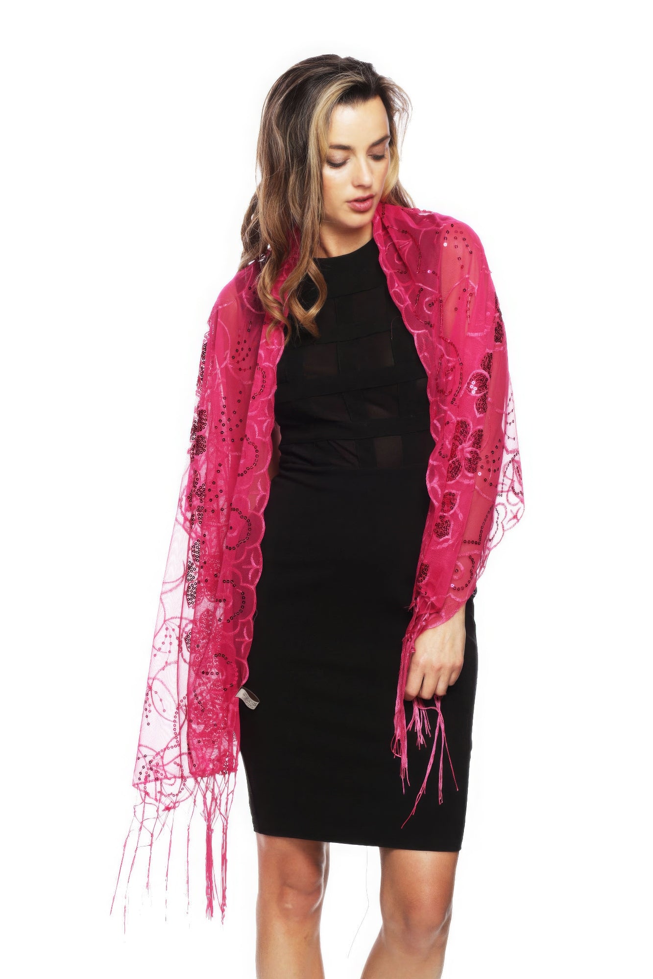 Sequined Flower Shawl with Fringe