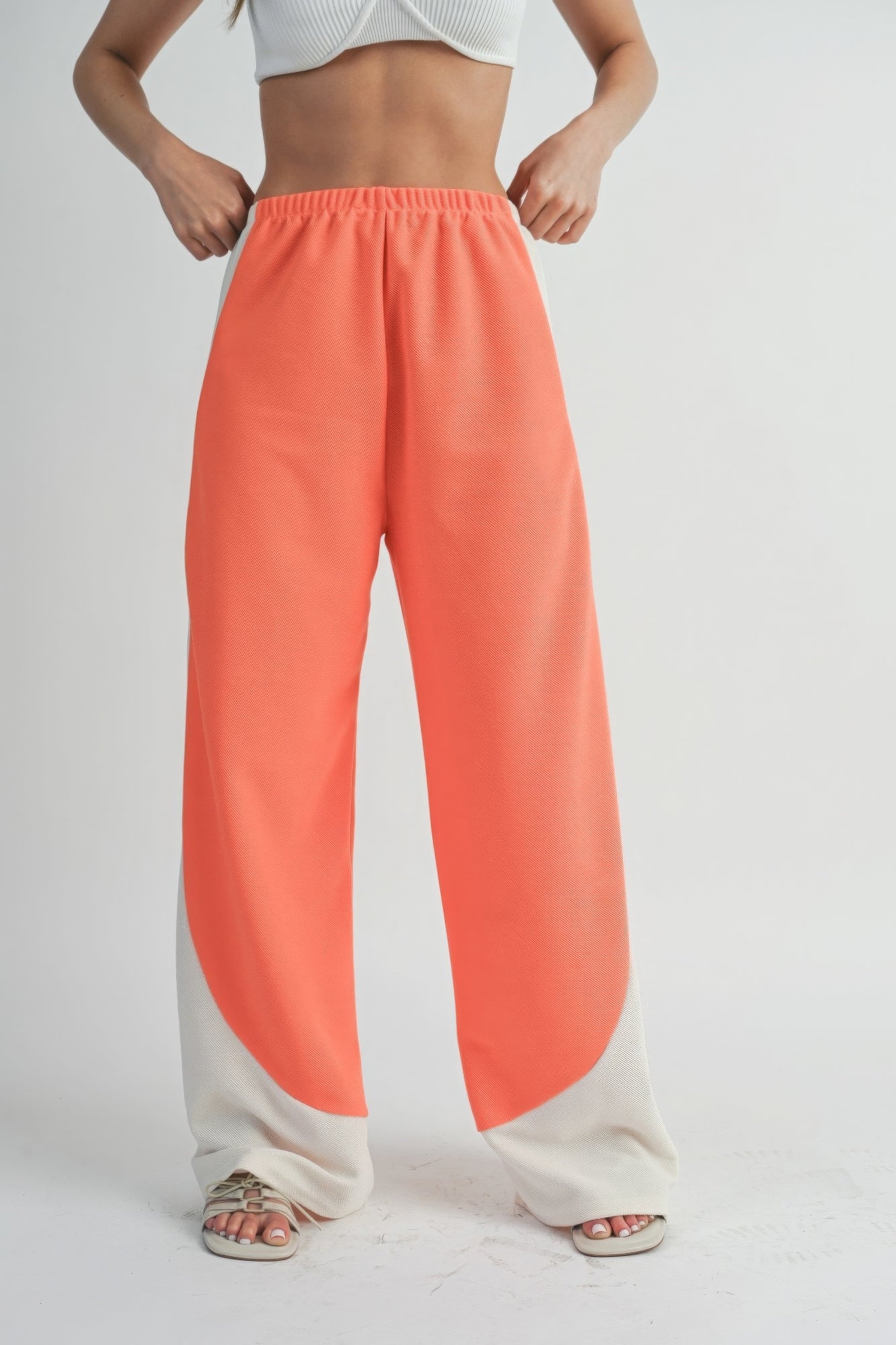 Two Toned Wide Leg Pants - Burnt Coral/Beige