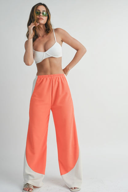 Two Toned Wide Leg Pants - Burnt Coral/Beige