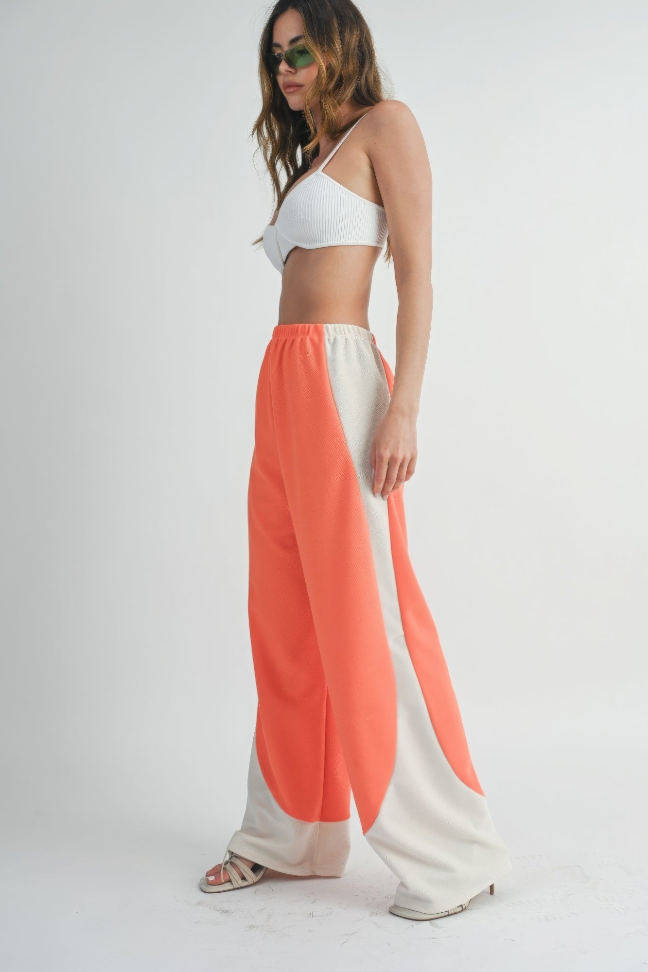 Two Toned Wide Leg Pants - Burnt Coral/Beige