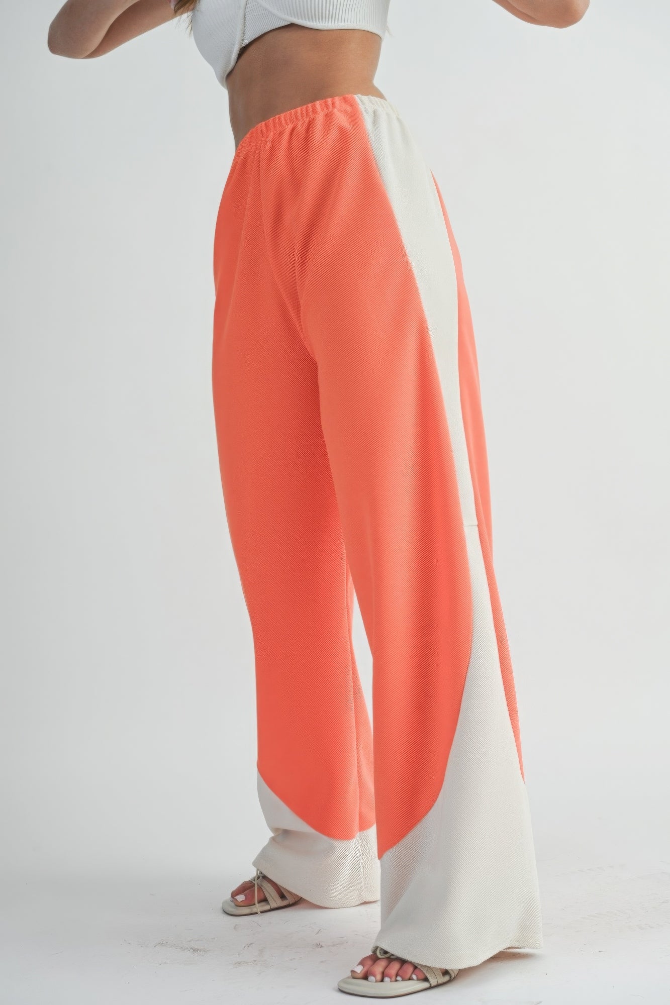 Two Toned Wide Leg Pants - Burnt Coral/Beige