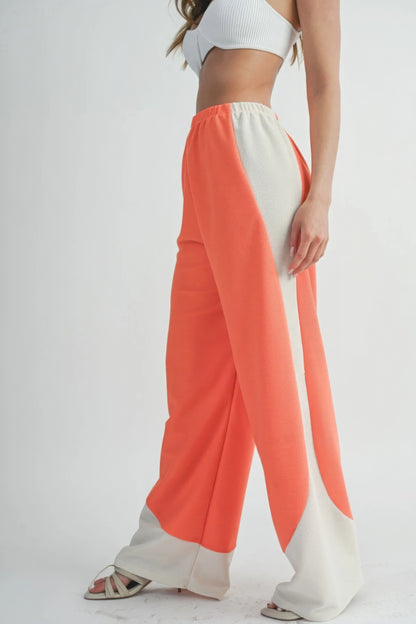 Two Toned Wide Leg Pants - Burnt Coral/Beige