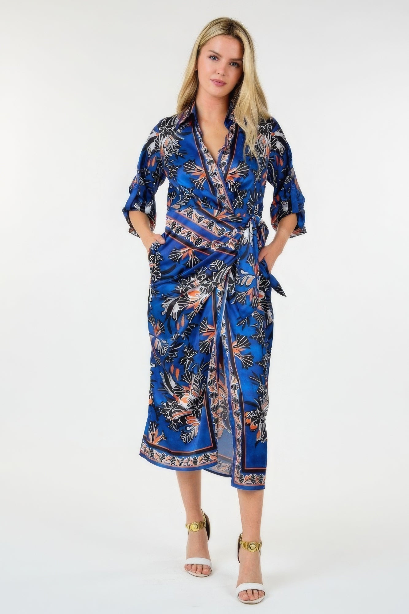 Wrap Front 3/4 Sleeve Printed Dress - Navy/ Orange