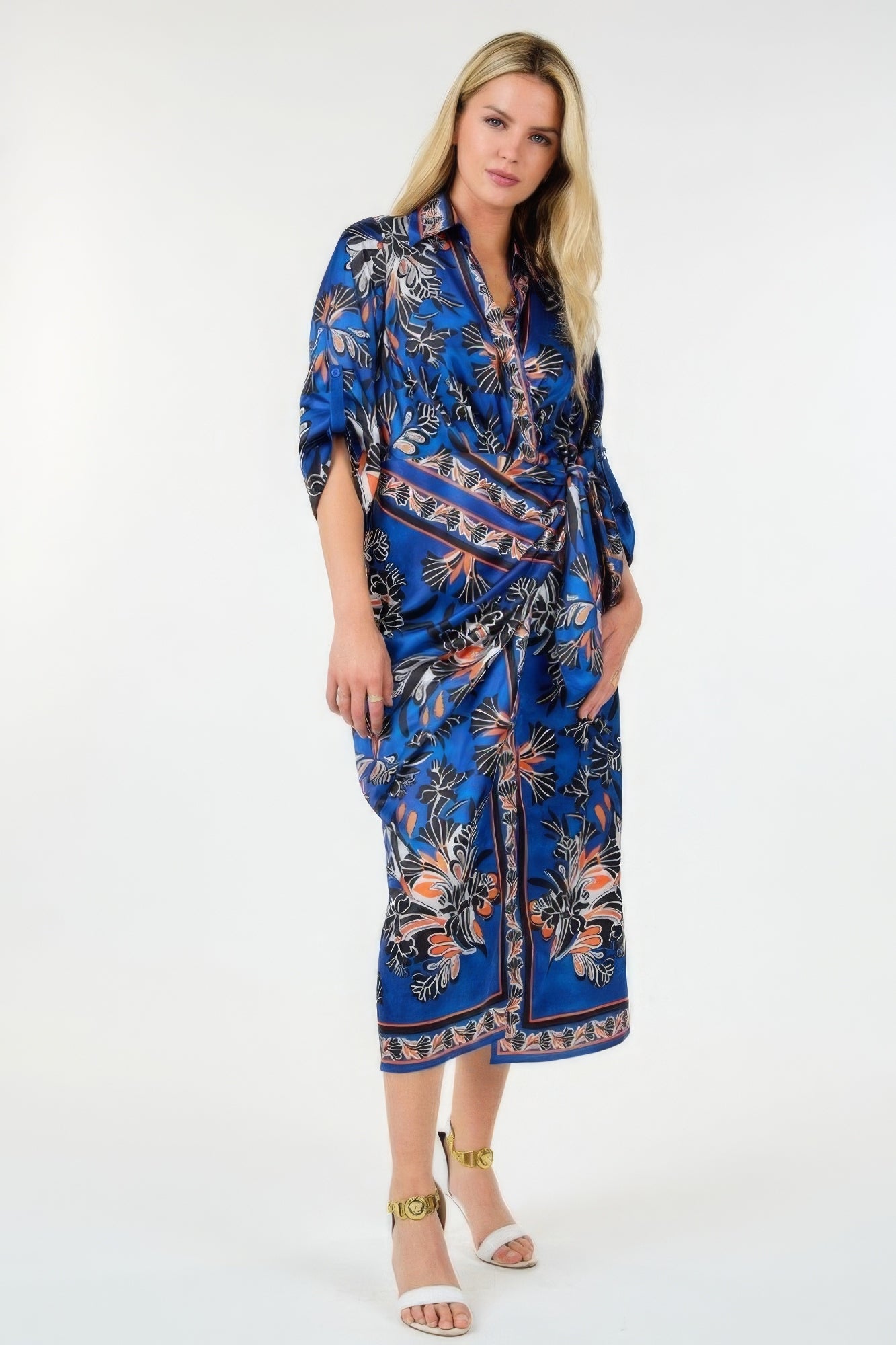 Wrap Front 3/4 Sleeve Printed Dress - Navy/ Orange