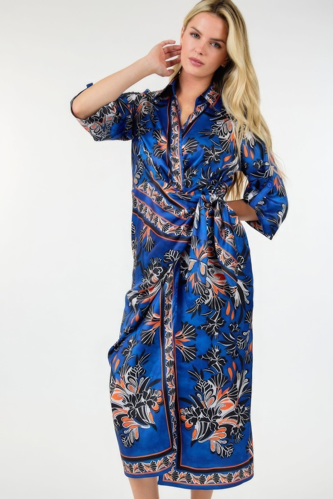 Wrap Front 3/4 Sleeve Printed Dress - Navy/ Orange