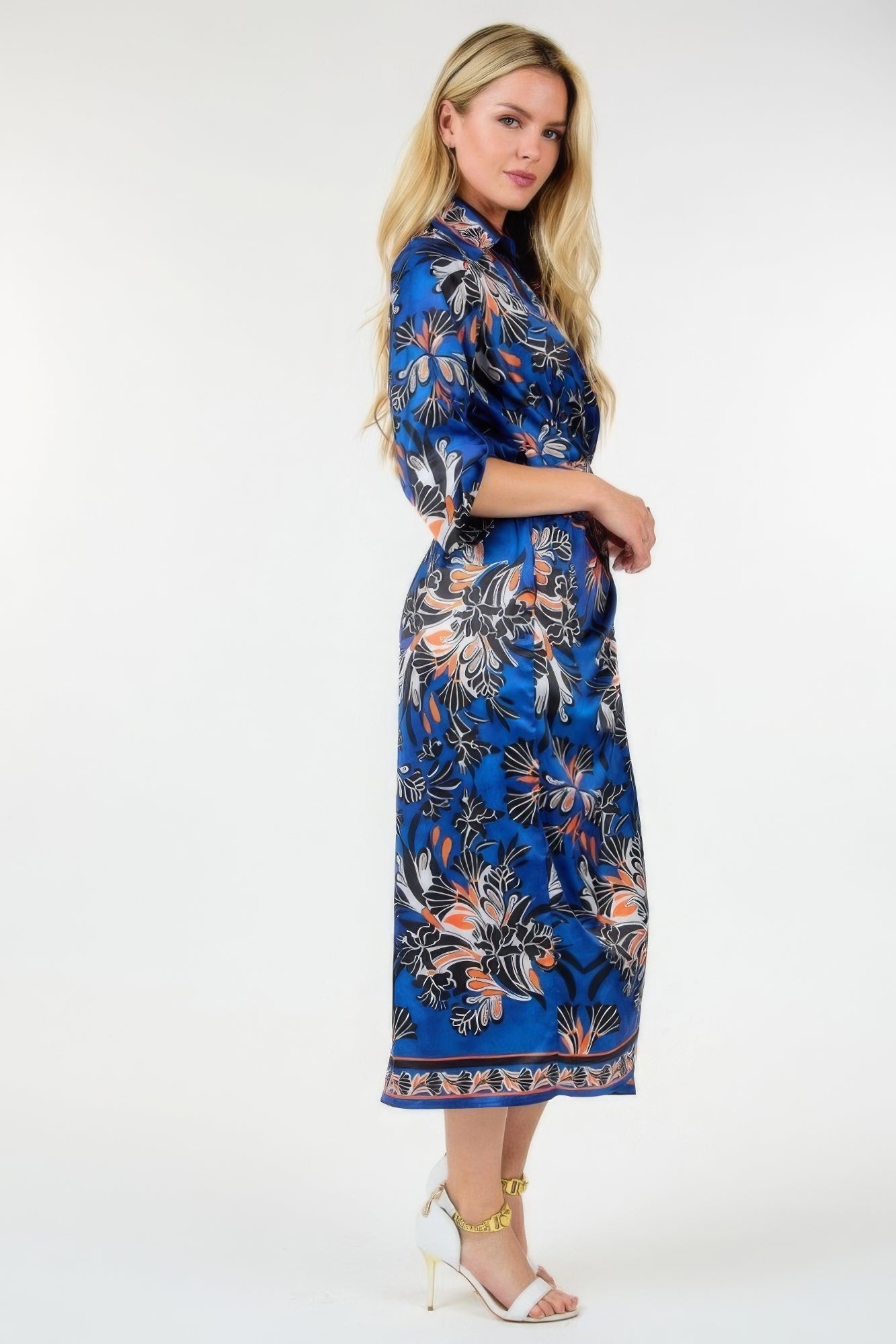 Wrap Front 3/4 Sleeve Printed Dress - Navy/ Orange