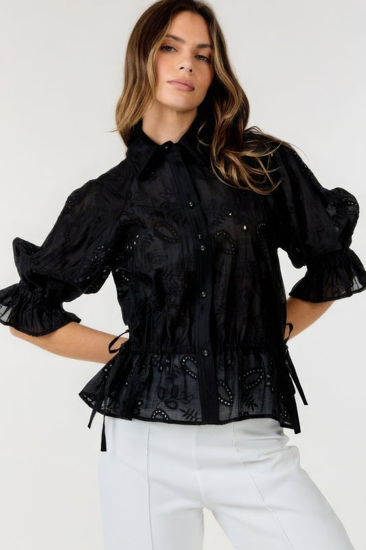 Button Up Collar Neck Embroidered Top - Black