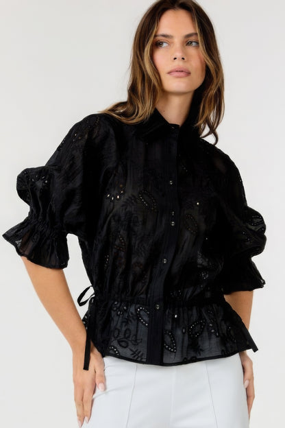 Button Up Collar Neck Embroidered Top - Black