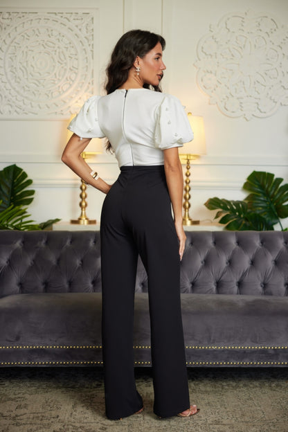 Bow & Pearl Detailed Jumpsuit - Black/ White
