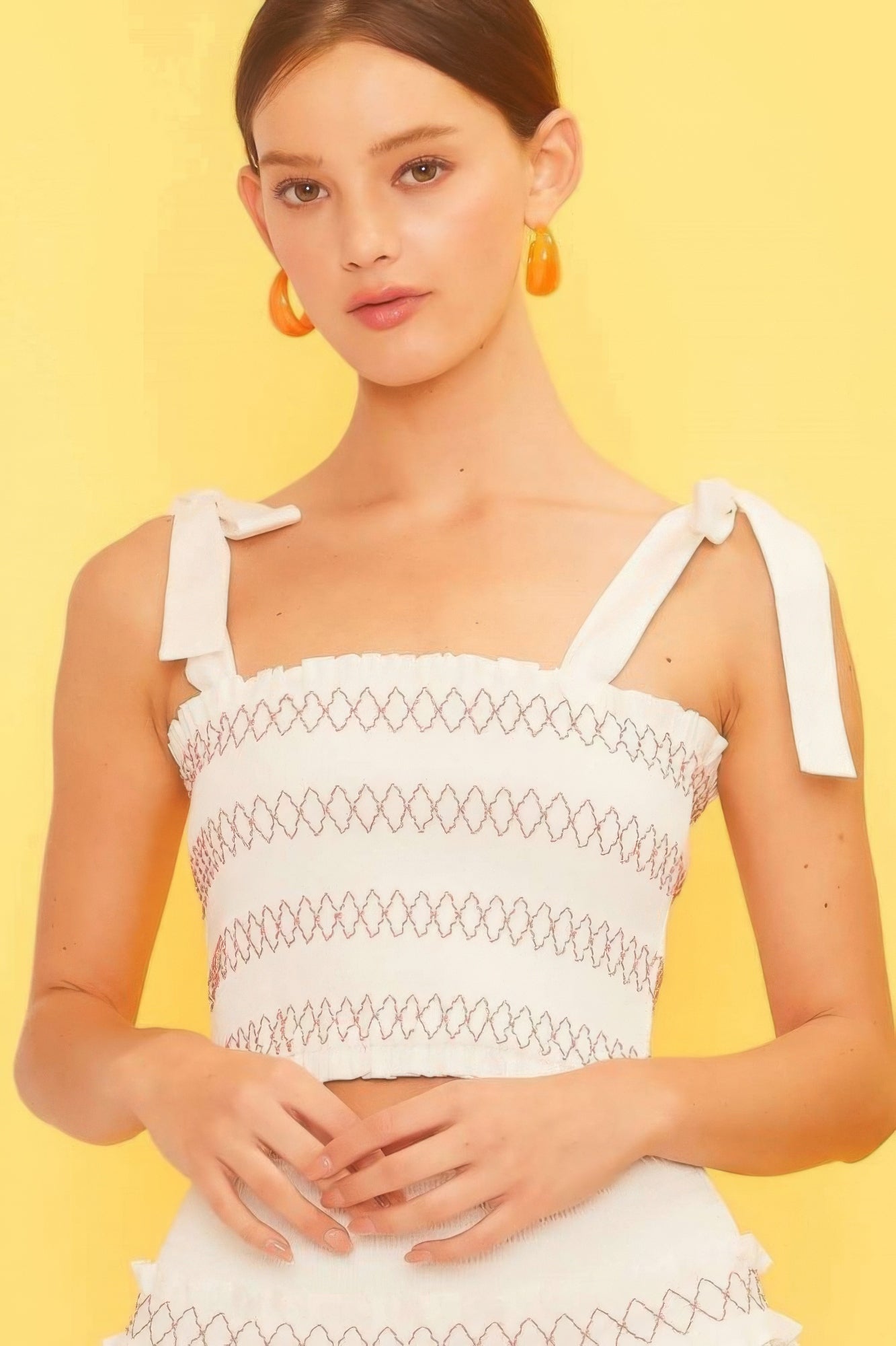 BB Self Tie Shoulder Smocking Ruffle Crop Top - Off-White