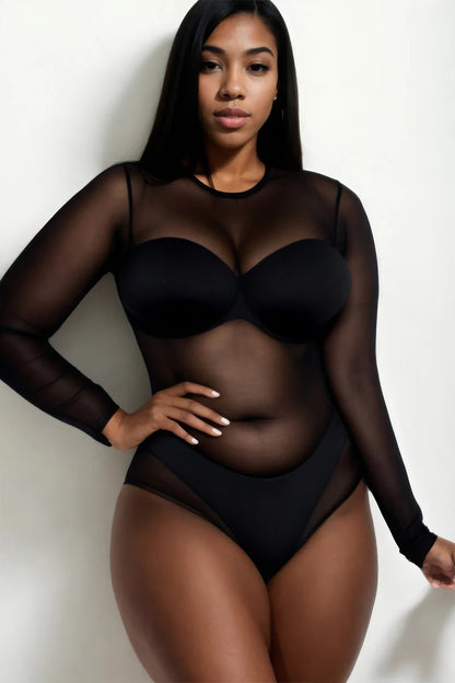 Plus Size Sexy Sheer Mesh Long Sleeve Bodysuit - Black