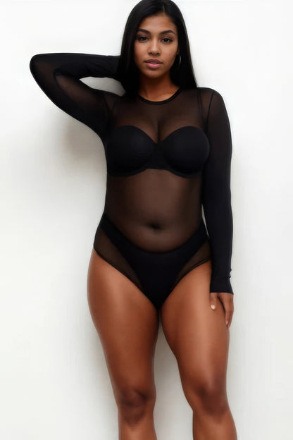Plus Size Sexy Sheer Mesh Long Sleeve Bodysuit - Black