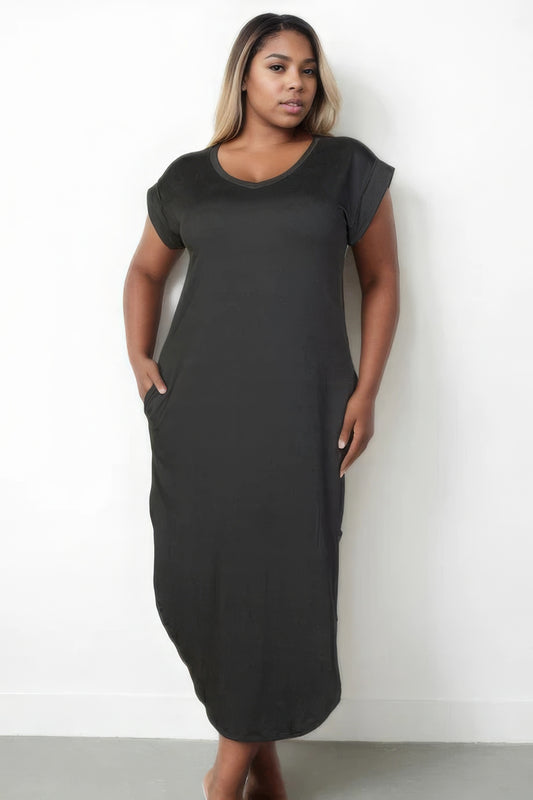Plus Size Hidden Pocket Batwing Sleeve V Neck Long Dress - Black