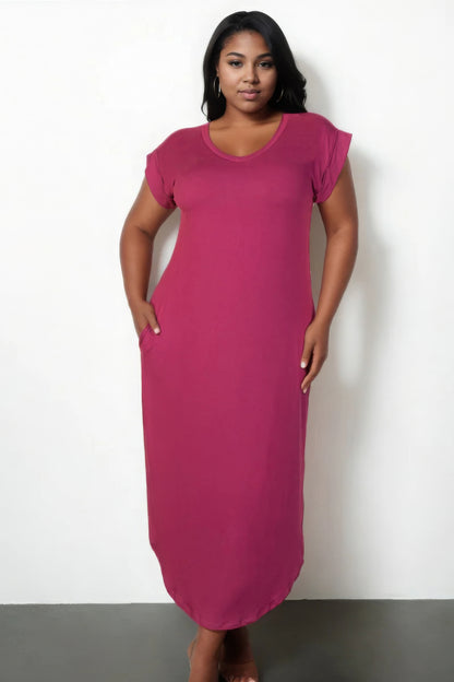 Plus Size Hidden Pocket Batwing Sleeve V Neck Long Dress - Wine