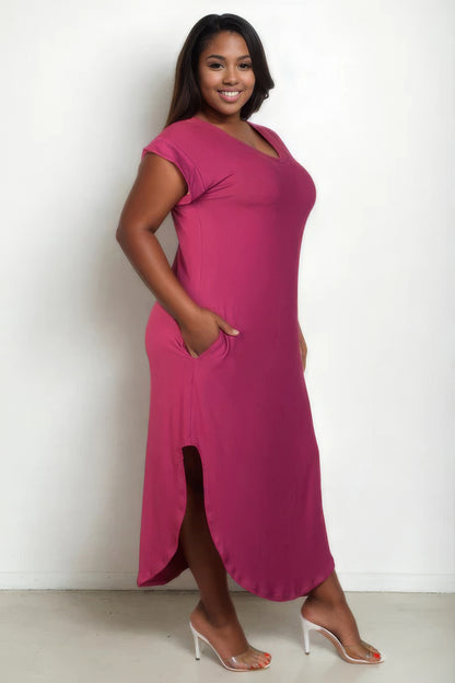 Plus Size Hidden Pocket Batwing Sleeve V Neck Long Dress - Wine