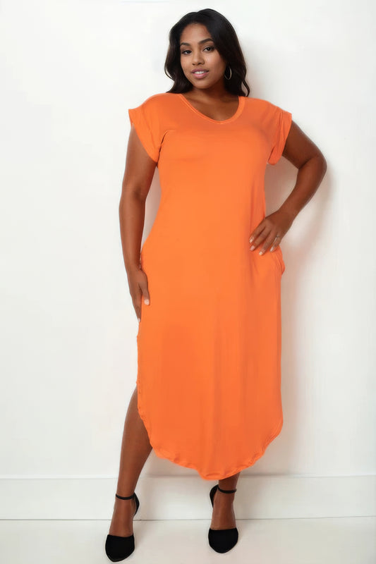 Plus Size Hidden Pocket Batwing Sleeve V Neck Long Dress - Orange